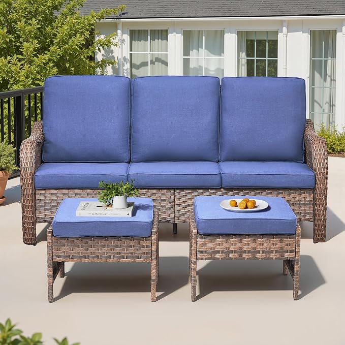 6 PCS Patio Furniture Set, 2 Outdoor Wicker Sofas & 2 Swivel Rocking Chairs with 2 Ottomans, 4-Inch Thick Olefin Cushions, 300 lbs Capacity Rattan Conversation Set for Porch, Blue