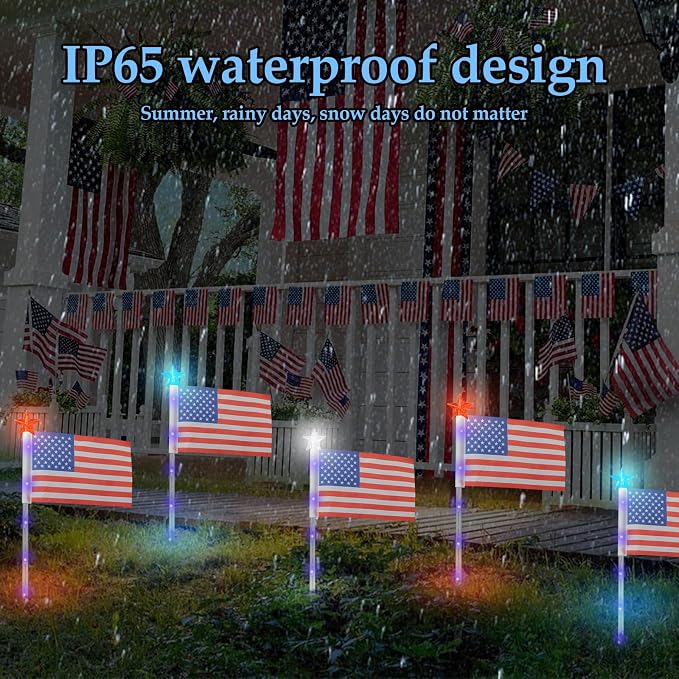 4th of July Decorations Outdoor American Flag Lights, 6-Pack Red White and Blue Solar Stars Lights with 6 USA Flags & 30LED,Bright Patriotic Pathway Lights for Memorial Day Yard Lawn Decor