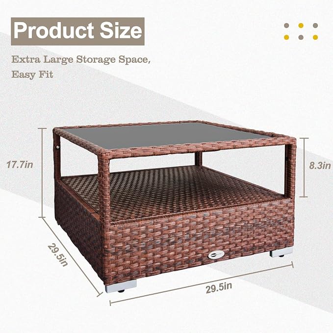 DIMAR GARDEN Outdoor Coffee Table Wicker Patio Rattan Side Table with Glass Top and Storage Shelf,29.5in Mixed Brown
