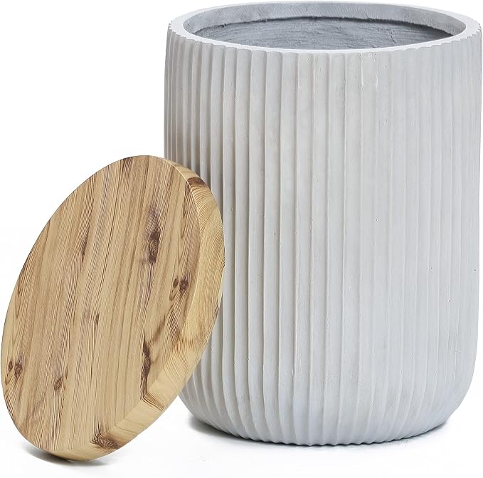 LuxenHome 18" Outdoor Side Table with Storage, Cement Patio End Table with Wood Finish Lid, Accent Table for Patio, Porch, Poolside, Backyard, Outside, Indoor, Garden Stool, Drum, Plant Stand