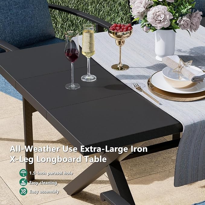 Kullavik 7 Pieces Outdoor Dining Set,Patio Dining Table and Chairs Set for 6,Fence Pattern Back Chairs with Thickened Cushions & Rectangular Metal Dining Table with Umbrella Hole for Patio,Navy Blue