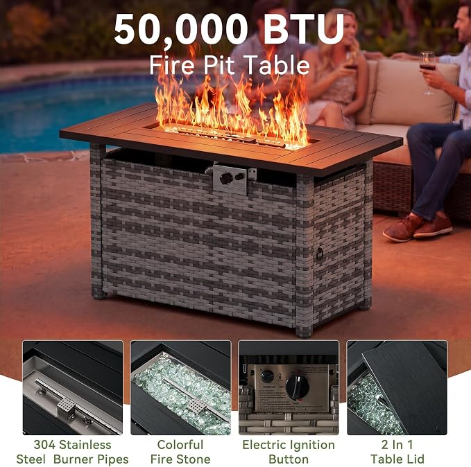 LazySunsets 13 PCS Patio Furniture Set with 44'' Fire Pit Table, Outdoor Sectional All-Weather Wicker Conversation Set with Swivel Rocker Chairs, 4'' Thick Cushions for Backyard Poolside(Navy/Grey)