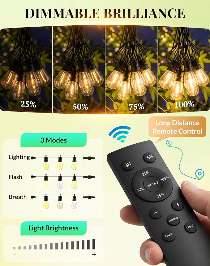 Outdoor String Lights Patio Light - 150Ft Outside Waterproof Dimmable Bulbs | S14 LED Remote Porch Light, Shatterproof Edison Bulbs Hanging Connectable Lighting for Gazebo Backyard Bistro Pergola, Timer