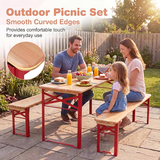 HONEY JOY Kids Picnic Table, 43.5 Inch Folding Toddler Outdoor Table & 2 Benches, Fir Wood Top & Metal Frame, No Assembly, Portable Easy to Store Camping Table and Chairs for Patio Backyard (Red)