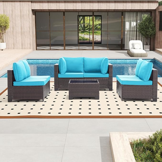 Bonzy Home 7 Pieces Outdoor Patio Furniture Set, PE Rattan Outdoor Sectional Furniture Sofa Set with Removable Cover and Glass Coffee Table, Patio Sofa for Balcony, Porch, Garden, (Brown-Turk Blue)