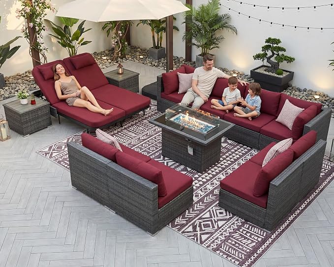 NICESOUL 13 Piece Outdoor Sectional w/Fire Pit Table, Luxury Modular Patio Furniture Set w/Chaise Lounge, Plus 29.3'' High-Back Seating Sofa, All-Weather Deck Couch for Poolside, Yard, Grey & Red