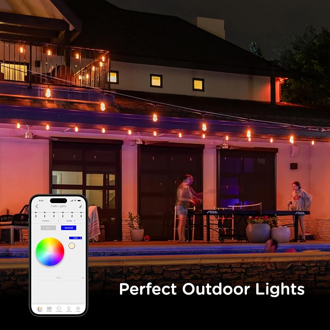 Enbrighten Vintage Outdoor String Lights, 48ft, 24 Bulbs, Smart | RGBWIC LEDs, Weatherproof, Shatterproof Acrylic Bulbs, Linkable up to 750ft, App Control, Works with Alexa & Google Home