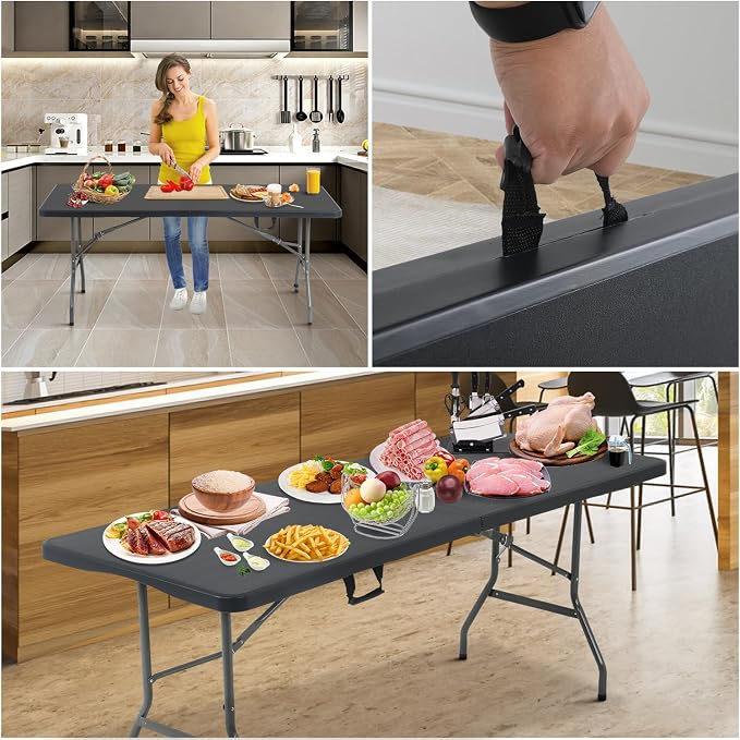 Dkeli Folding Table 6 ft | Portable Picnic Table | Folding Camping Table Heavy Duty for Outdoor Indoor Camping | Picnic and Party | Fold in Half with Handle and Sturdy Steel Frame - Black