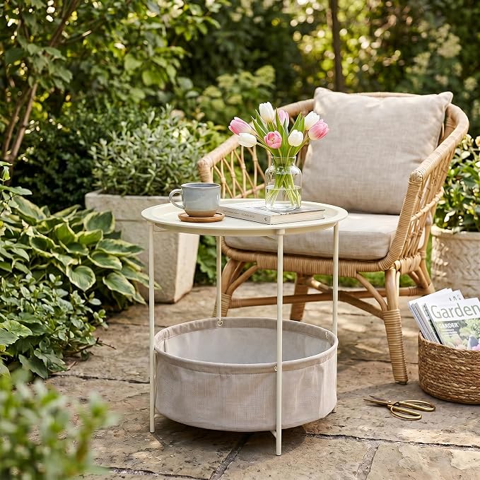 VECELO Round Side/End Table with Fabric Storage Basket，Metal Anti-Rust and Waterproof Small Bedside Nightstand with Removable Tray Top for Living Room，Balcony & Laundry，Beige/2pcs with Basket