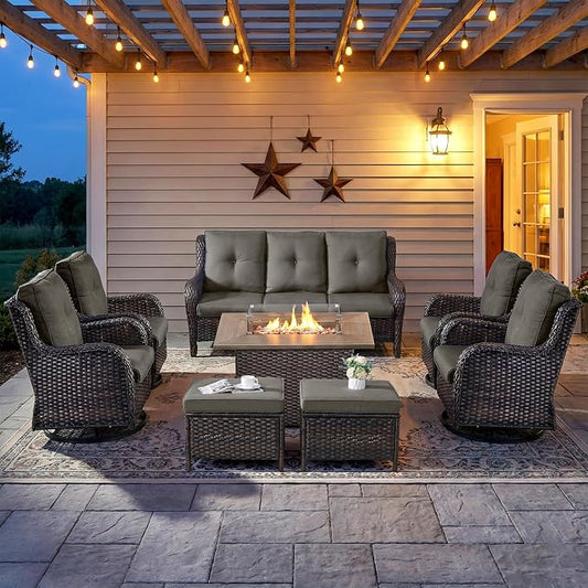 8 Piece Patio Furniture Set with 41" Fire Pit Table - Patio Conversation Set with 4 Inch Thick Cushions and Deep Seating Swivel Glider Chairs Set of 4 & Outdoor Couch for Porch Deck Yard Pool