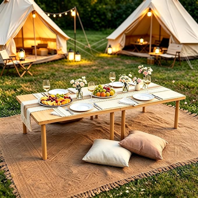 60" x 30" Foldable Wooden Picnic Table, Natural Solid Wood Table | Portable with Carry Handle, Tool-Free Assembly, For Beach, Camping, Living Room, Includes Table Runner