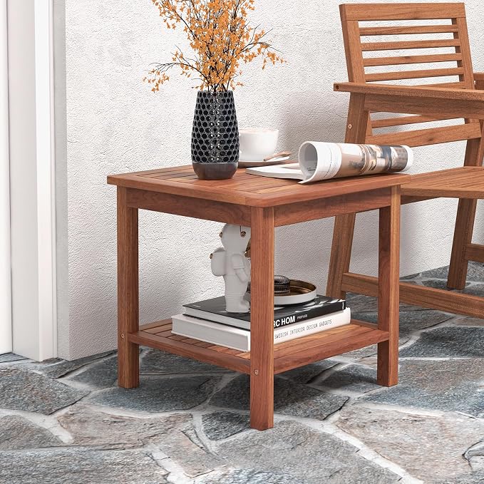 RELAX4LIFE Adirondack Outdoor Side Table - 2-Tier Acacia Wood Square End Tables w/Slatted Tabletop & Shelf for Garden Porch Pool, Indoor Outdoor Companion, Wooden Small Patio Table (1, Natural)