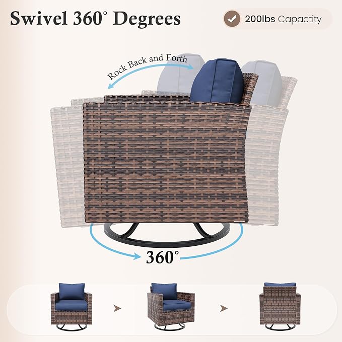 Amopatio Patio Furniture Set, Wicker Outdoor Sectional Sofa with Swivel Rocker Chairs, All-Weather Rattan Conversation Set, Storage Coffee Table, Waterproof Cover for Backyard, Deck Brown/Navy 5 PCS