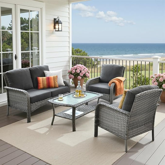 4 Pieces Patio Furniture Set, Small Outdoor Patio Set with Coffee Table, All-Weather Rattan Wicker High Back Conversation Set Loveseat with Chairs for Porch, Backyard, Balcony, Black