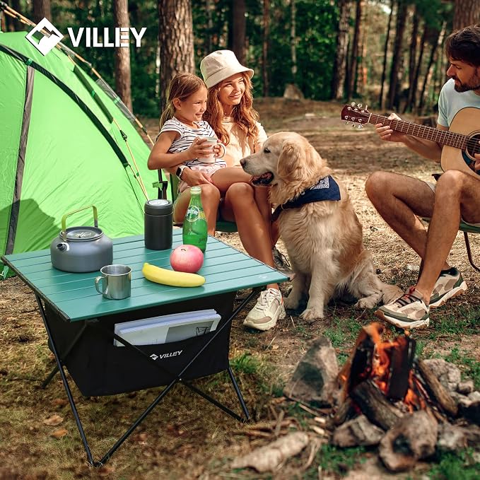 VILLEY Portable Camping Side Table, Ultralight Aluminum Folding Beach Table with Carry Bag and Under-Table Storage Hammock for Outdoor Cooking, Picnic, Camp, Boat, Travel, Large
