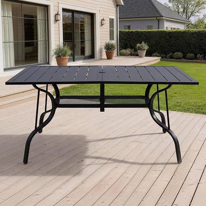 63"x38" Black Patio Outdoor Dining Table, Metal Rectangle Patio Dining Table with Adjustable Umbrella Hole for Garden, Partitioned Storage Shelf, Backyard and Porch, Black