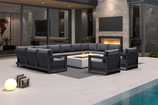 PURPLE LEAF Patio Furniture Set Enclosed Outdoor Couch with 9.6" Thick Cushion and Soft Pillows 12 Piece Outdoor Sectional Sofas Modern Outdoor Conversation Sets for Yard Porch Deck Poolside, Grey