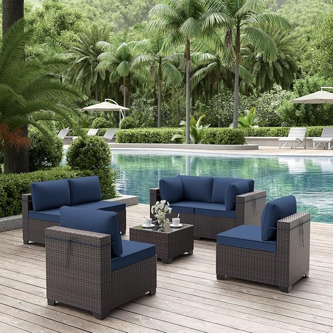 ALAULM 7 Pieces Patio Furniture Set Wicker Patio Conversation Set, Outdoor Sectional Furniture w/Coffee Table & Washable Seat Cushions-Dark Blue
