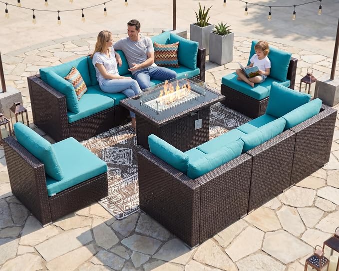 NICESOUL 9 Piece Large Outdoor Patio Furniture Set with Fire Pit Propane/Natural Gas, 29.3'' High Back Comfy Rattan Modular Sectional for 8, Deep Seat Conversation Sets, Brown Rattan and Teal Cushion