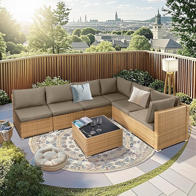 NOBLEMOOD 7 Pieces Patio Furniture Set, All Weather Outdoor Rattan Conversation Sectional Sofa Set with Cushion, Coffee Table for Porch Deck Garden