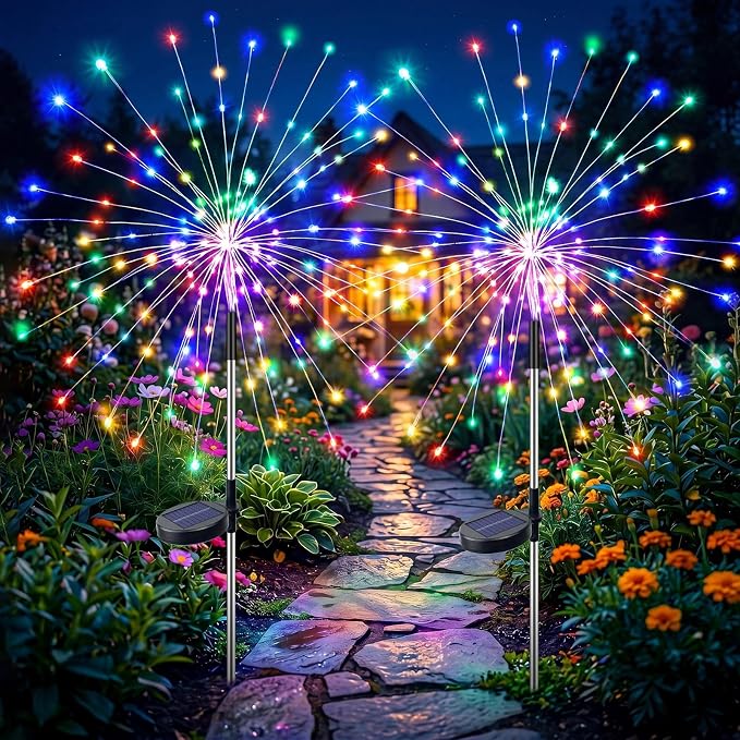 Solar Firework Lights Outdoor 2 Pack, 120LED Solar Starburst Garden Lights with 8 Modes, Waterproof Decorative Sparkle Light for Backyard, Garden, Patio Lawn Landscape & Halloween Party Decor