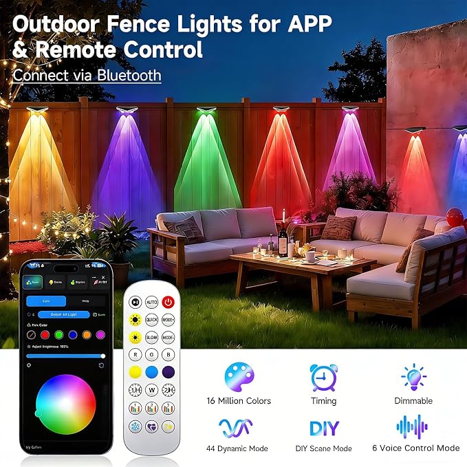 AHAWILL Fence Lights Outdoor 16 Packs,Smart RGB Fence Lighting with APP&Remote Control,IP67 Waterproof Fence Lights,DIY Scene Modes,LED Light for Fence,Patio,Yard,Garden(100ft)