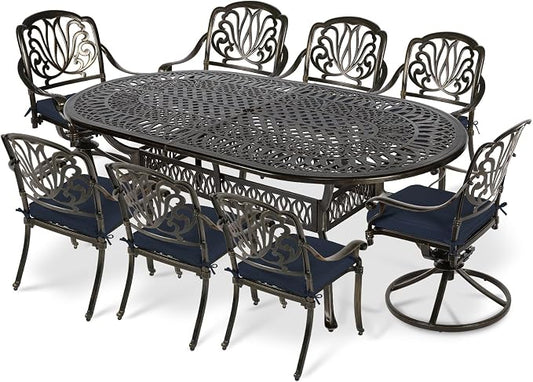 VIVIJASON 9-Piece Outdoor Furniture Dining Set, All-Weather Cast Aluminum Patio Conversation Set, Include 6 Stationary Chairs, 2 Swivel Dining Chairs, Oval Table with Umbrella Hole, Navy Blue Cushion