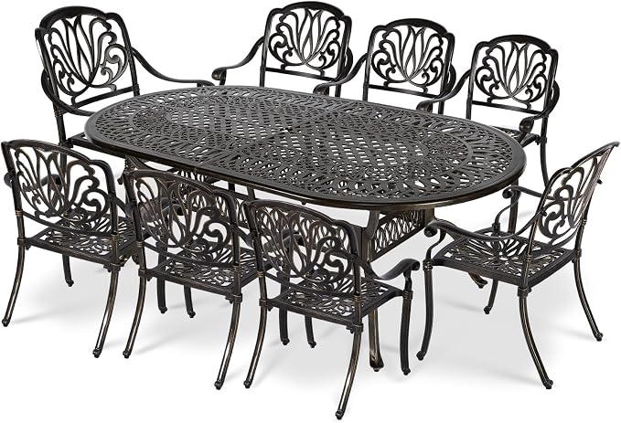 VIVIJASON 9-Piece Patio Furniture Dining Set, All-Weather Cast Aluminum Outdoor Conversation Set, Include 8 Chairs and an Oval Table with Umbrella Hole for Balcony Lawn Garden Backyard