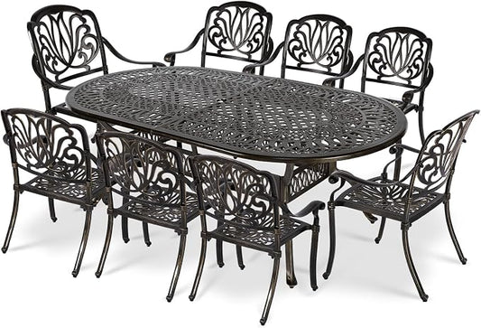 VIVIJASON 9-Piece Patio Furniture Dining Set, All-Weather Cast Aluminum Outdoor Conversation Set, Include 8 Chairs and an Oval Table with Umbrella Hole for Balcony Lawn Garden Backyard