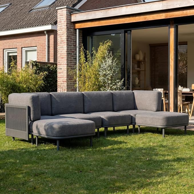 LayinSun 6 Pieces Patio Furniture Set, Modern Outdoor Modular Sectional Conversation Set L-Shaped Sofa with 7-inch Cushion for Garden Backyard Deck