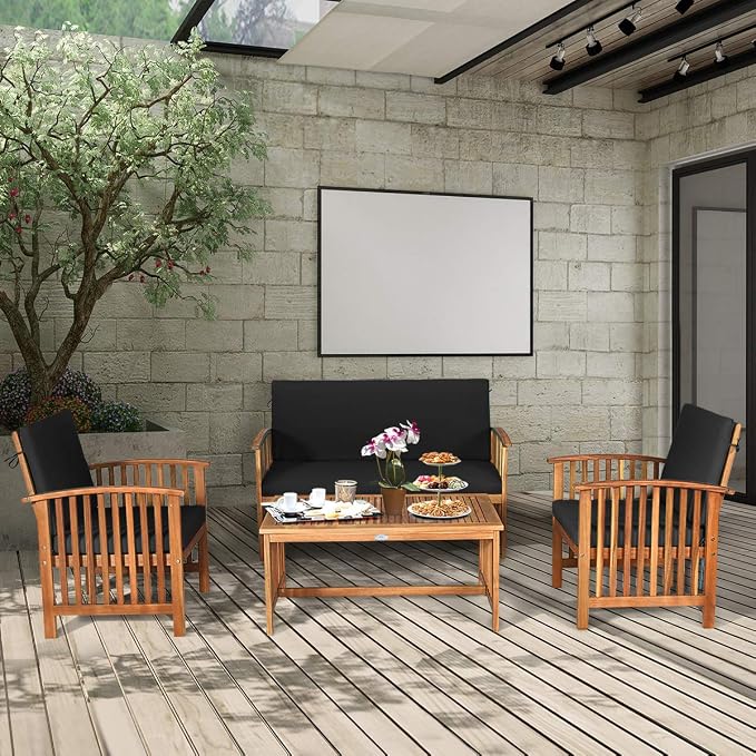 Tangkula Outdoor 4 PCS Acacia Wood Sofa Set w/Water Resistant Cushions, Padded Patio Seating Chat Set w/Coffee Table for Garden, Backyard, Poolside (1, Black)