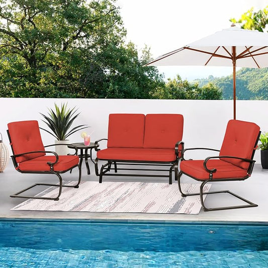 Incbruce 4Pcs Outdoor Metal Furniture Patio Conversation Sets (Glider, Bistro Table, 2 Spring Lounge Chairs) - Wrought Iron Outdoor Glider Chairs Sets (red)