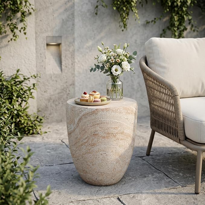 Outdoor Side Table Round Concrete Side Table Faux Marble End Tables Cement Accent Tables Patio Garden Stool Plant Stand for Porch, Backyard Balcony,14.25",Barrel, Beige