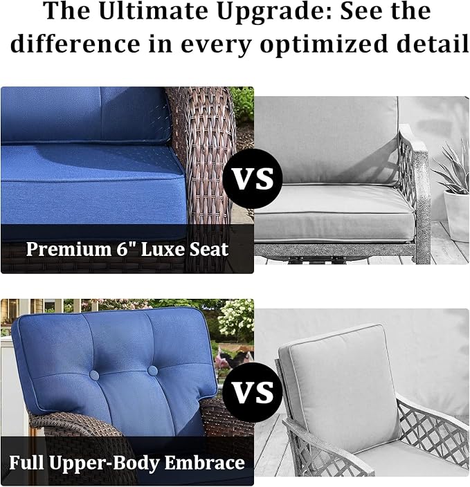 8 Piece Outdoor Patio Furniture Set with Fire Pit Table,Conversation Sectional Wicker Couch with Swivel Chairs,Modern Outside Sofa for Balcony Backyard, Brown/Blue