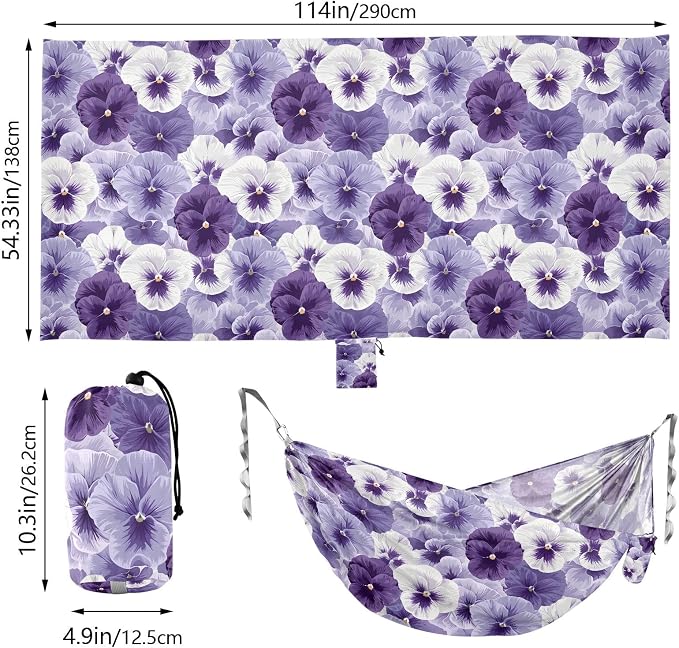 Camping Hammock Outdoor Hammocks for Outside Pansy Flowers White Violet Beach Trees Portable Lightweight with Pockets Tree Straps Indoor Small
