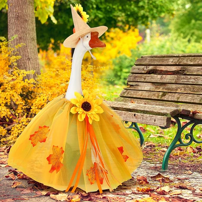 Soulchen 1 Set Fall Porch Goose Outfit 23 Inch Autumn Maple Leaves Cement Goose Clothes Dress and Hat Costume Set for Thanksgiving Party Yard Lawn Outdoor Garden Patio Decor