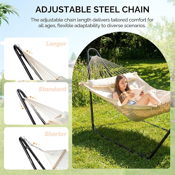 ONCLOUD Double Hammock with Stand for Outside, Rope Hammock with Pillow and Pad, Heavy Duty Hammock Set for Backyard, 550 LBS (White)
