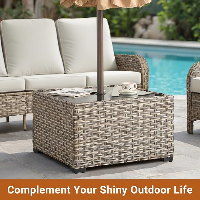 HOOOWOOO Outdoor Patio Side Table with Umbrella Hole,Wicker Coffee End Table Glass Top,Umbrella Table with 1.64" and 2" Hole for Yard,Deck,Porch,Garden(Rectangle Brown)
