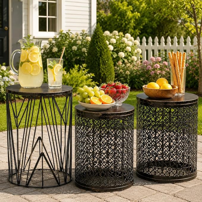 Y&M Set of 3 Stacking Coffee Table Side Table, for Living Room,Indoor End Tables for Bedroom, Outdoor Decorative Garden Stool with Heavy Duty Metal Frame Modern Industrial Decor - Black with Bronze