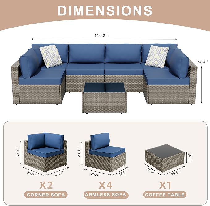 JAMFLY 7-Piece Outdoor Patio Furniture Set, Modular PE Rattan Sectional Sofa with Thick Cushions & Glass Coffee Table for Poolside, Balcony, Garden(Blue Cushion)