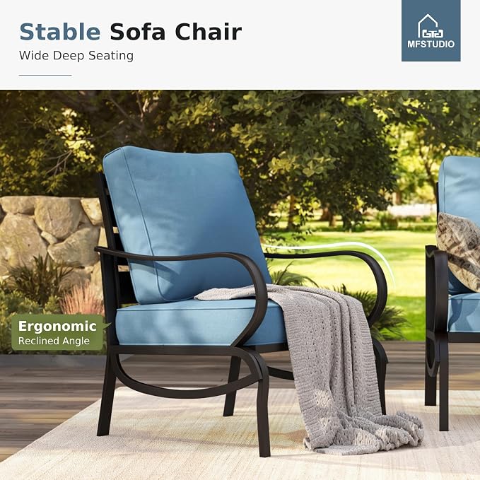 MFSTUDIO 6 Pieces Patio Furniture Sets with 45" Gas Fire Pit Table(Up to 7 Seat), Outdoor Metal Frame Patio Conversation Sofas with 1 x 3-Seat Sofa, 2 Sofa Chairs and 2 Ottoman, Navy Cushion