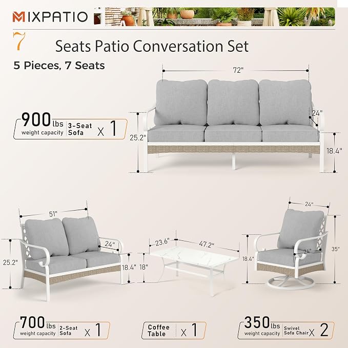 MIXPATIO 5 Piece Patio Furniture Set, 2 x Swivel Chair, 1 x 2-Seat Sofa, 1 x 3-Seat Sofa with Marbling Coffee Table, 7 Seats Outdoor Conversation Set for Lawn Garden Backyard, Light Gray