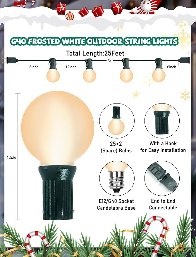 G40 Frosted White Christmas Lights Outdoor 25Ft Globe Christmas Decorations Lights with 27 Frosted White Bulbs, Hanging Globe Outdoor String Lights for Xmas Tree Wedding Backyard Party, Green Wire