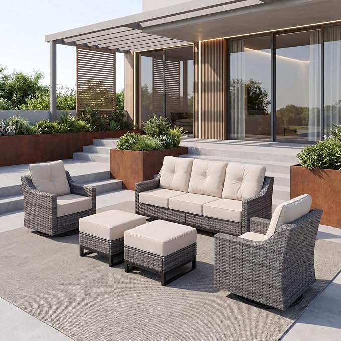 5-Piece Outdoor Patio Furniture Set, Grey Wicker Conversation Set with Sofa, 2 Swivel Chairs and 2 Ottomans, 6-Inch Beige Cushions for Deck, Backyard, Poolside