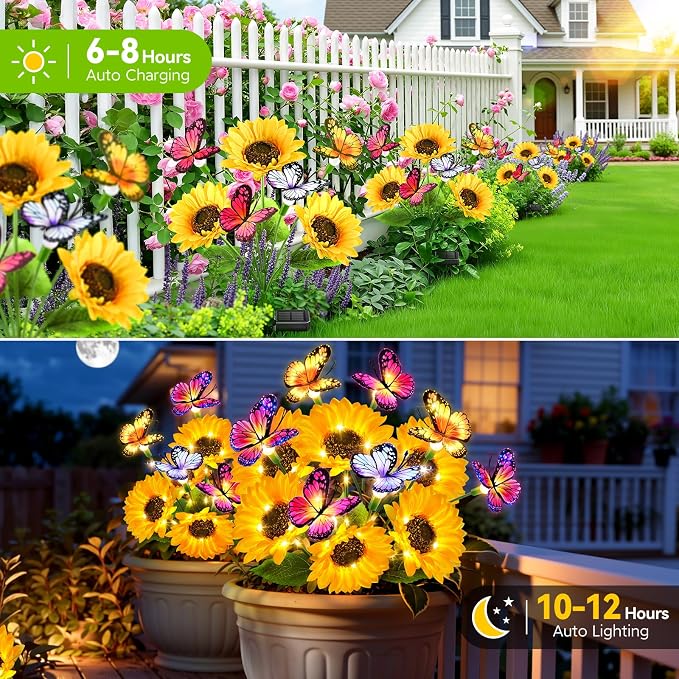 6 Pack Solar Sunflower Lights with Butterflies, Garden Light Outdoor Decor | Sunflowers Decor, Lifelike Solar Flower Lights Waterproof for Garden, Flower Beds, Yards, Patios, Gift for Women Mom Grandma