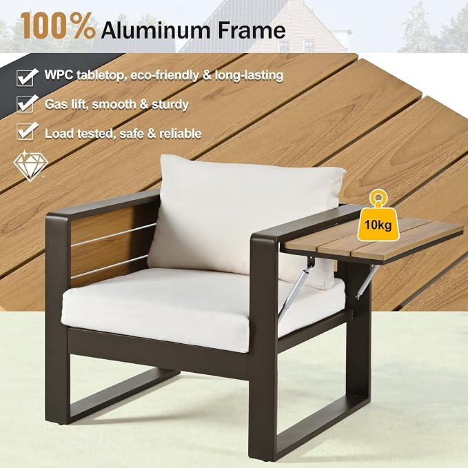 4-Piece Aluminum Frame Outdoor Patio Furniture Set for 5 Person, 3-Seater Sofa, 2 Armchairs with Fold-Out Side Tables, Modern Garden/Patio Seating, All-Weather Use, Beige Cushions