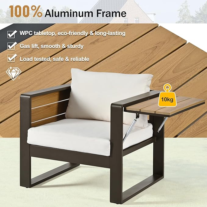 Merax Large 4-Piece Outdoor Patio Furniture Set for 5 Person, 3-Seater Sofa, 2 Armchairs with Fold-Out Side Tables, Aluminum Frame & Plastic-Wood, Modern Garden/Patio Seating, White Cushions