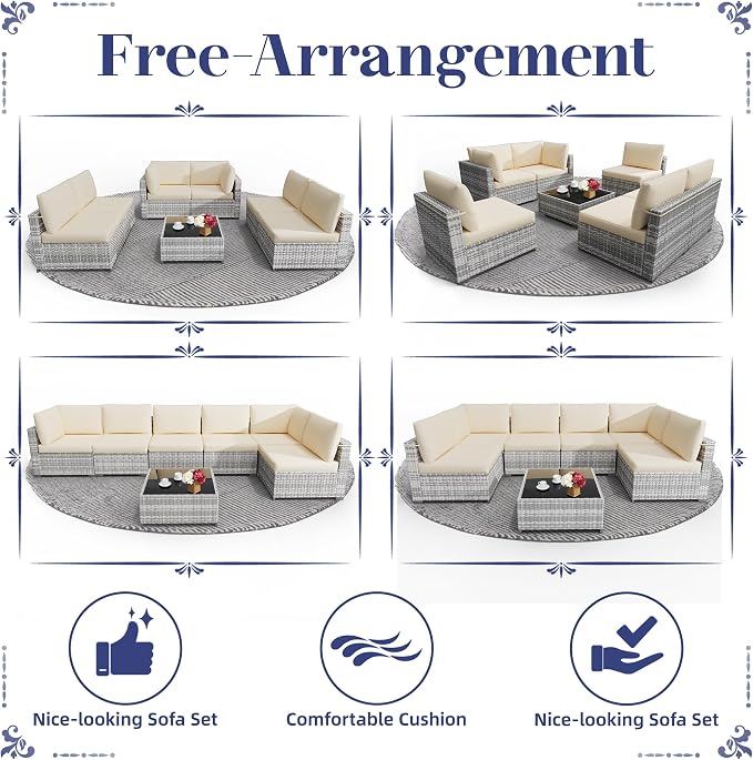 KIGOTY 7-Piece Patio Furniture Set, All-Weather PE Rattan Outdoor Sectional Sofa, Modular Wicker Conversation Set with Thick Cushions & Easy-Clean Coffee Table（Grey White/Grey）