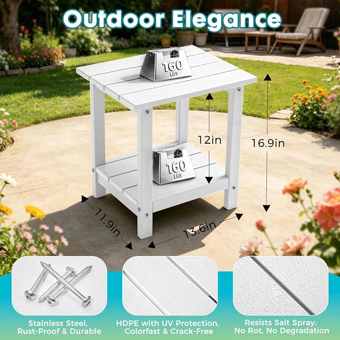 Outdoor 2-Tier Square Side Table, Adirondack Weather Resistant Patio End Table, Low Maintenance HDPE Accent Table for Backyard, Pool, Porch, Deck, White