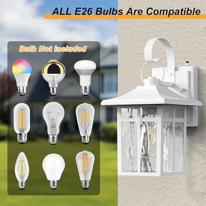 Dusk to Dawn Outdoor Wall Lights, Aluminum, White, 2 Pack | Ripple Glass, Modern Porch Lights, Exterior Sconce, For Entryway, Garage, Patio